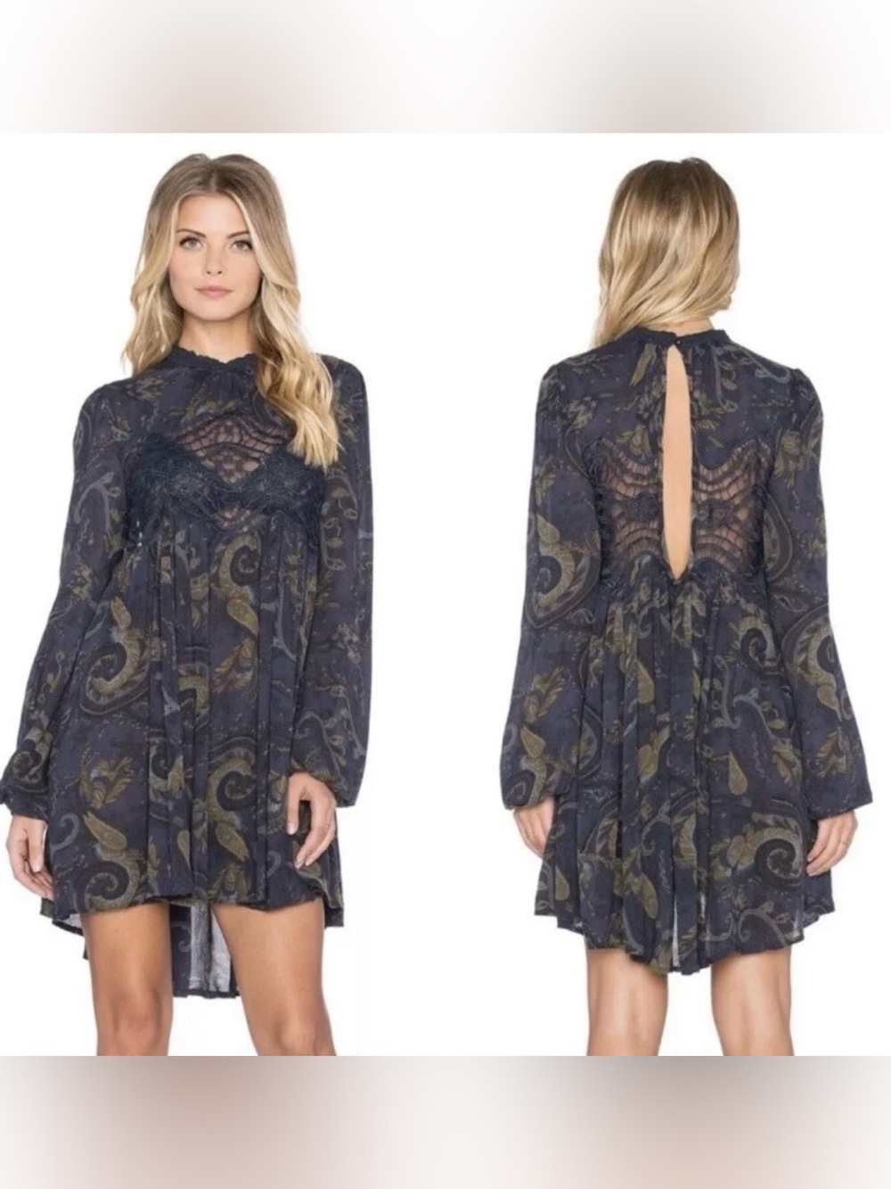 Free People Sweet Thing Mini Dress Paisley Print Open Back Crochet Panel Boho XS - Picture 1 of 8